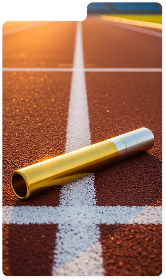 Un témoin blanc et doré repose sur une piste d'athlétisme orange vif