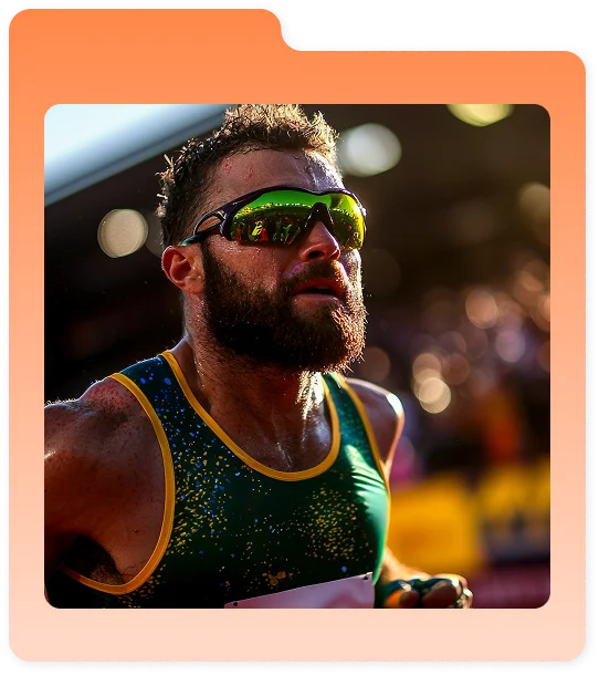 Un homme aux lunettes vertes court sous le soleil dans un stade