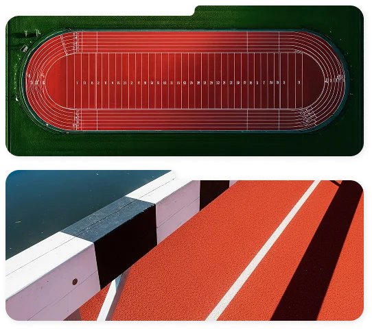 Vue depuis la tribune sur le stade d'athlétisme, d'un orange vif